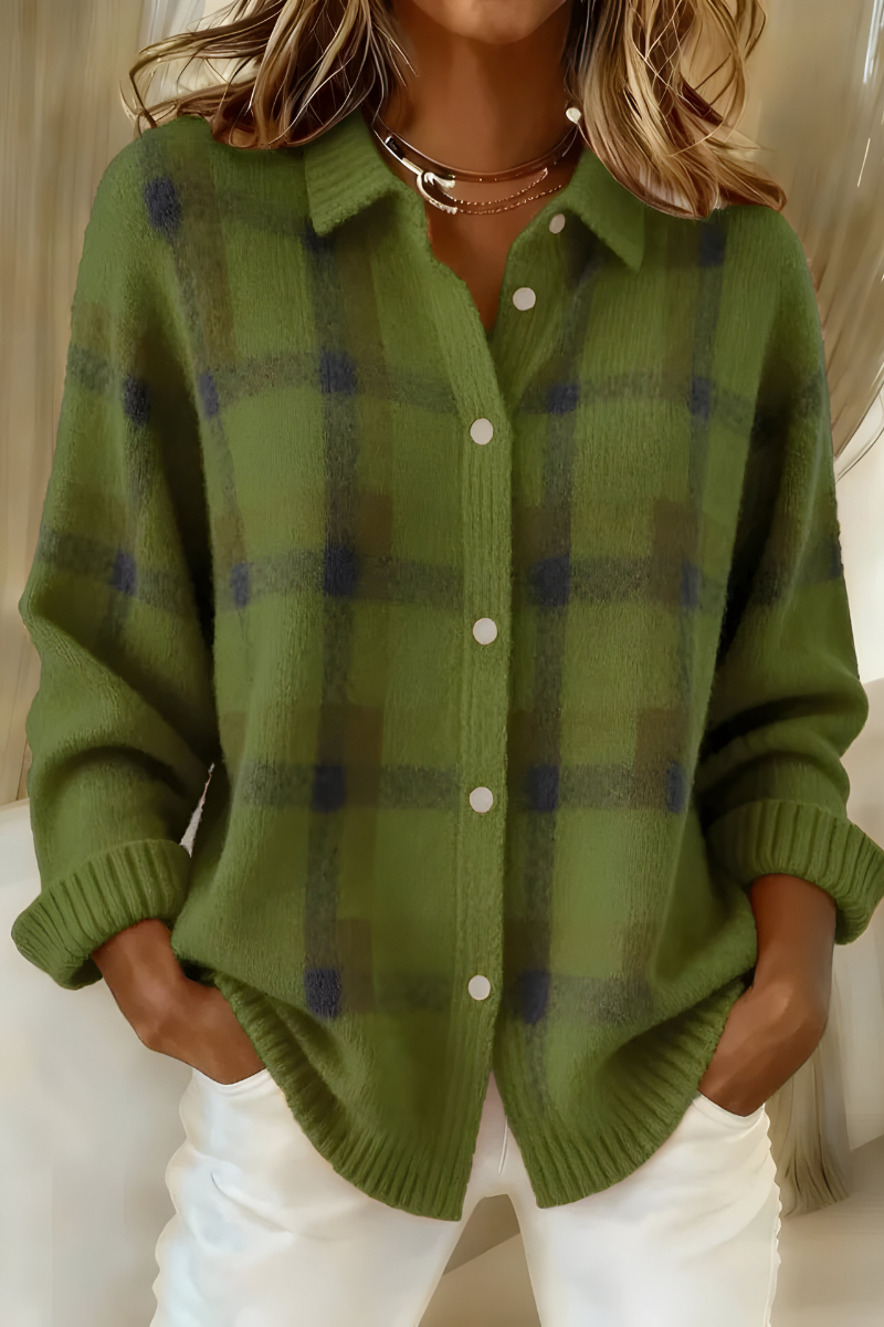 Cardigan à Carreaux Femme en Tricot Manches Longues