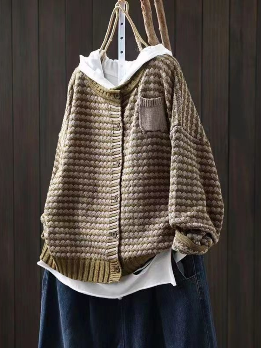 Cardigan boutonné femme en maille texturée coupe oversize - Marron