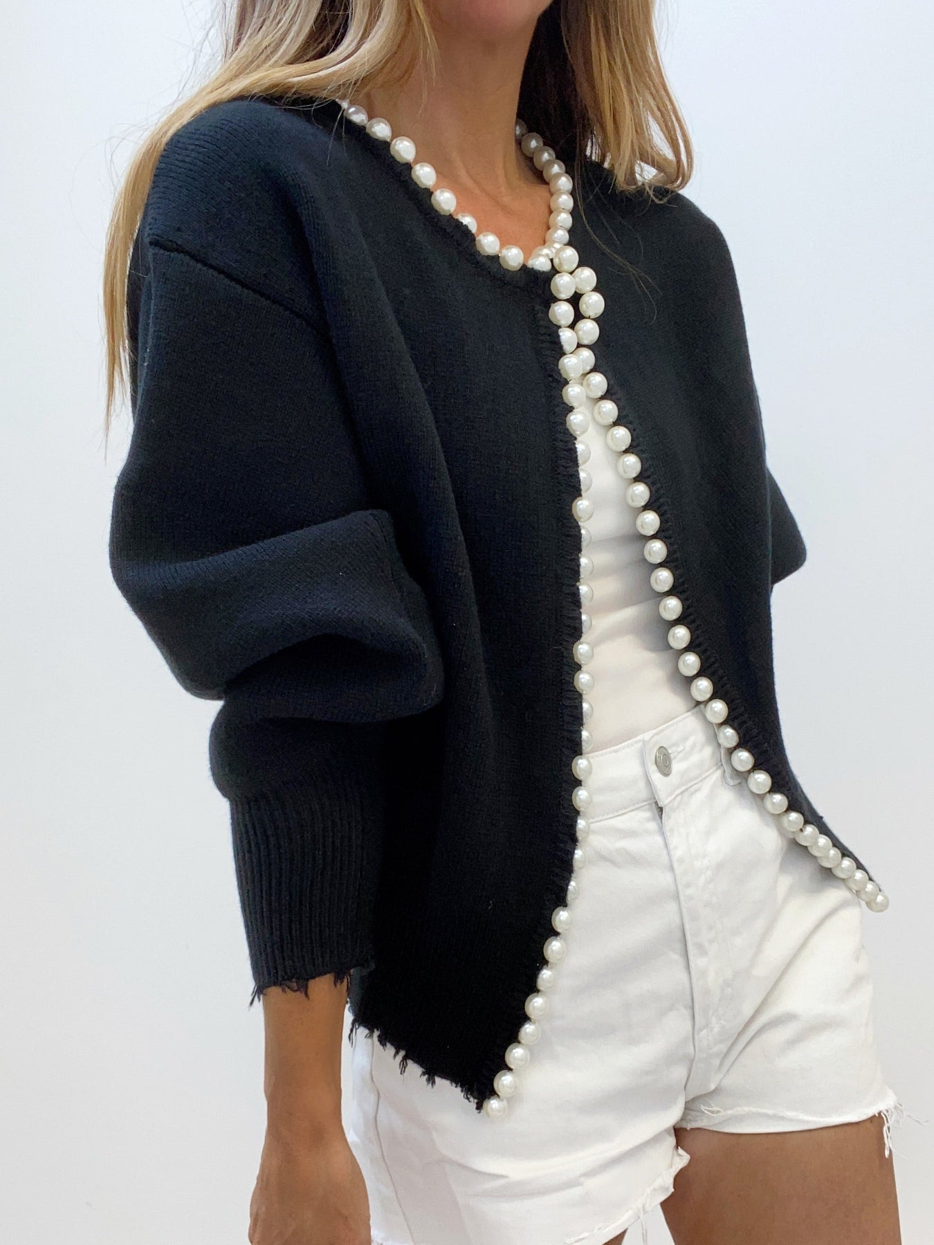 Cardigan Femme en Maille à Perles Ourlet Effiloché