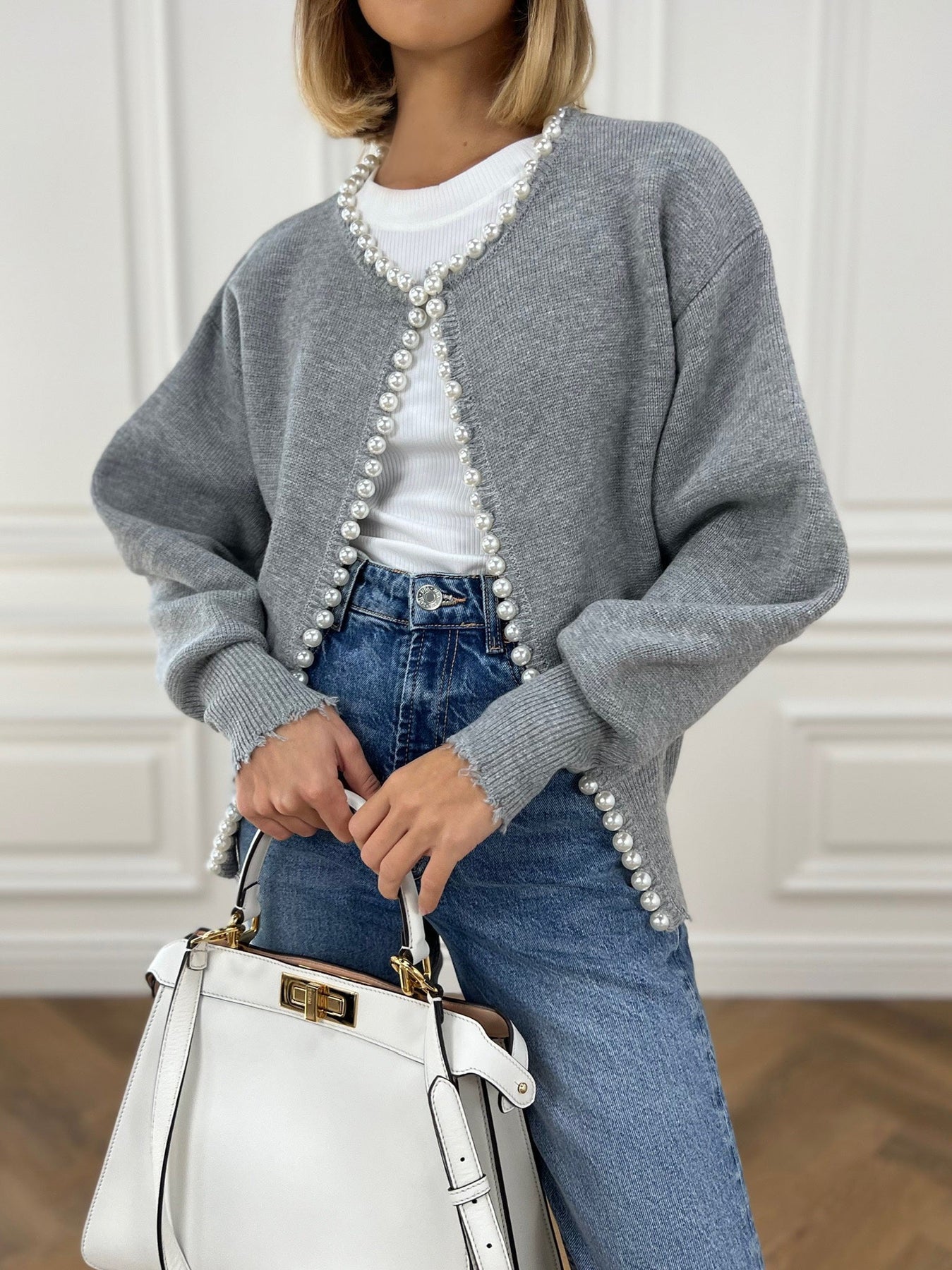 Cardigan Femme en Maille à Perles Ourlet Effiloché