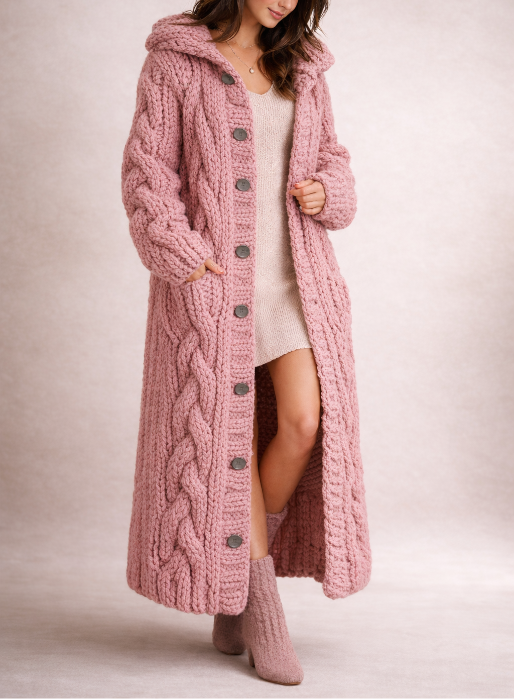 Cardigan long oversize femme maille torsadée - Rose