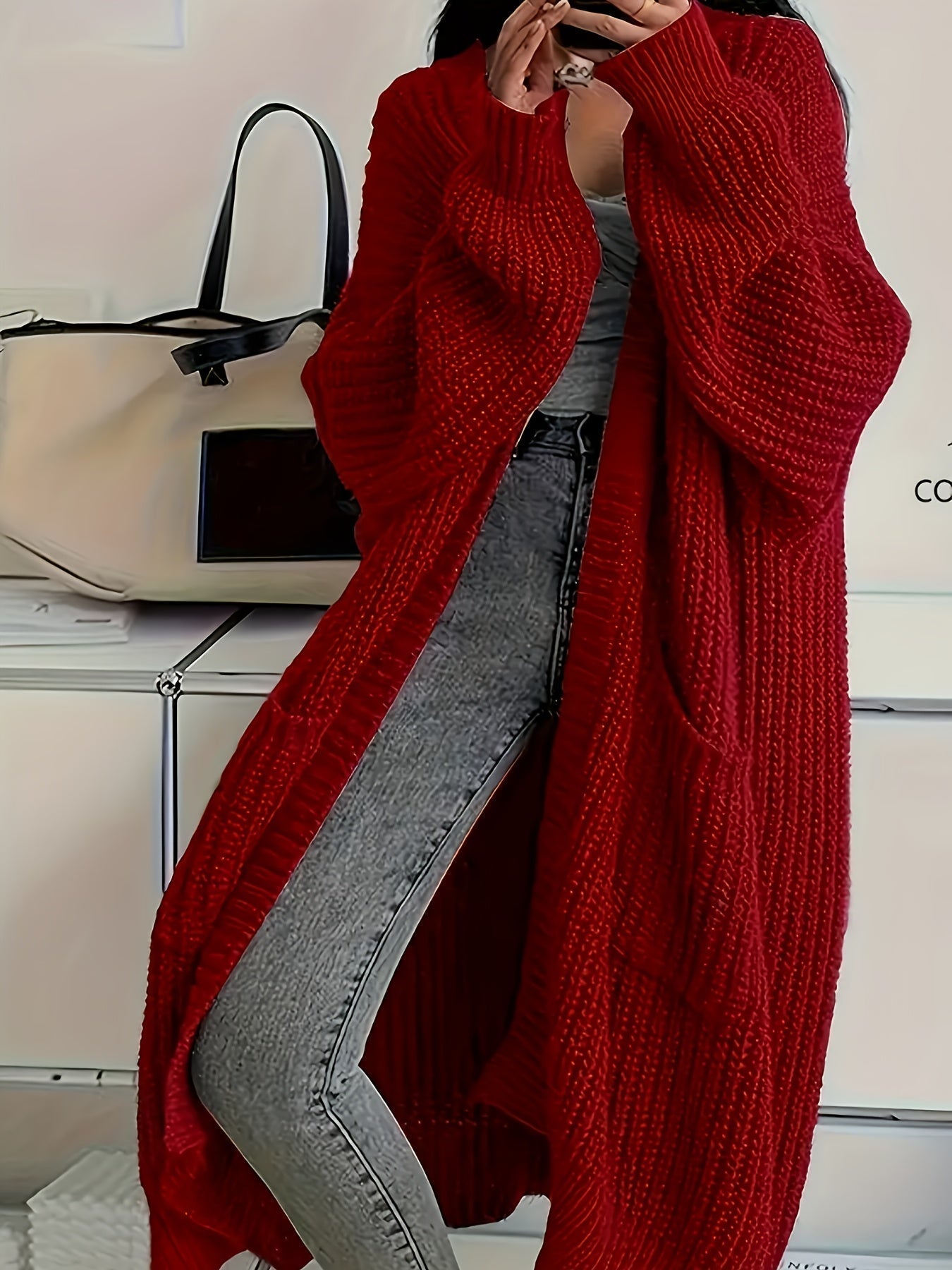 Cardigan oversize long femme en maille côtelée - Rouge