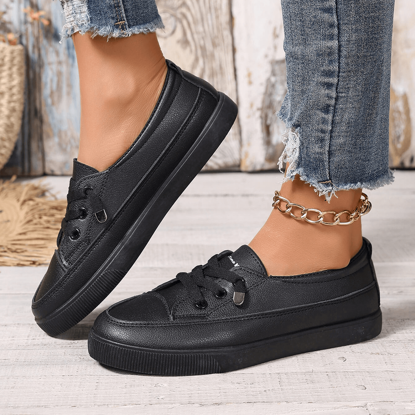 Chaussures Orthopédiques Femme en Cuir à Lacets - Noir