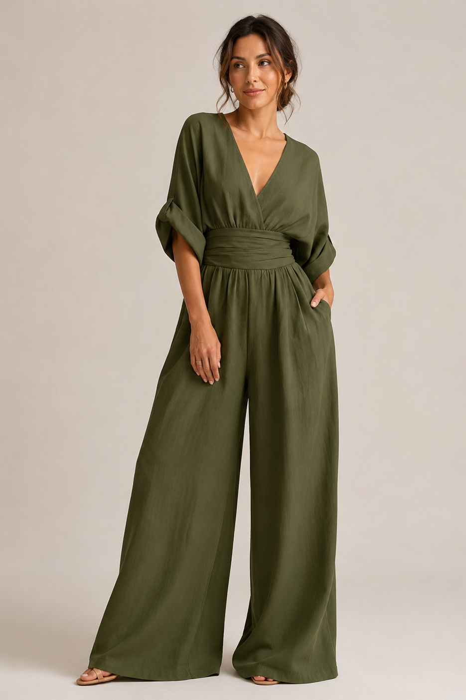 Combinaison femme jambes larges taille haute manches trois-quarts