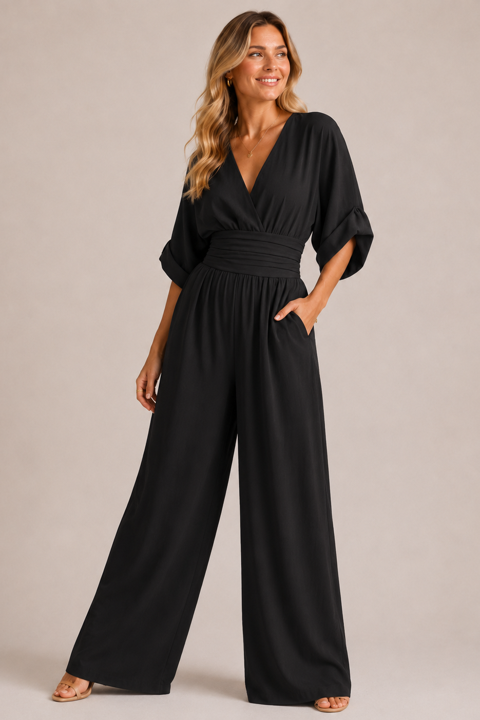 Combinaison femme jambes larges taille haute manches trois-quarts