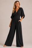 Combinaison femme jambes larges taille haute manches trois-quarts