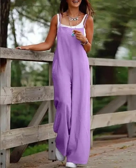 Combinaison salopette femme jambe large sans manches avec bretelles réglables