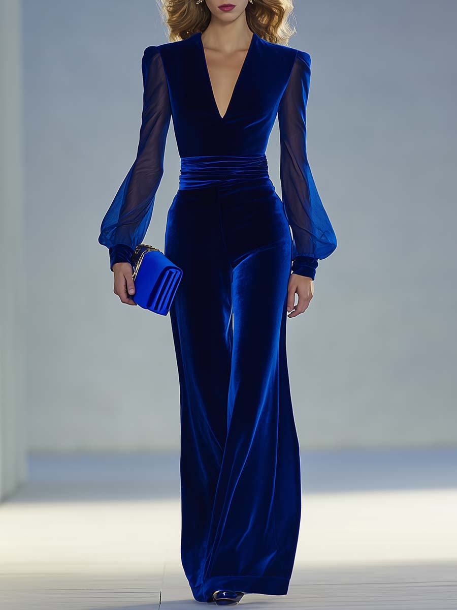 Combinaison Velours Femme Col V Manches Résille - Royal Blue