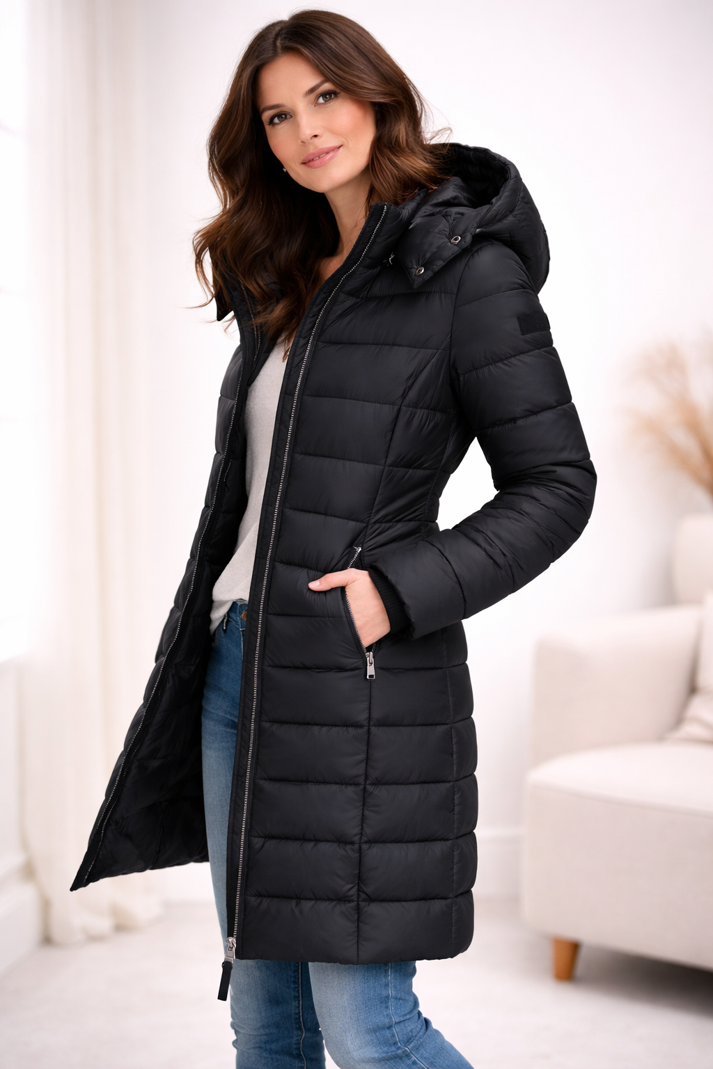 Doudoune à capuche femme zippée - Noir