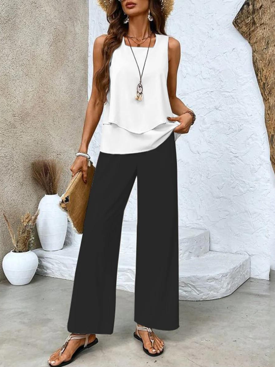 Ensemble deux pièces femme blouse sans manches et pantalon large