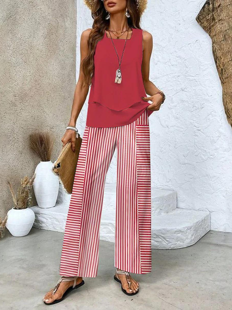 Ensemble deux pièces femme blouse sans manches et pantalon large