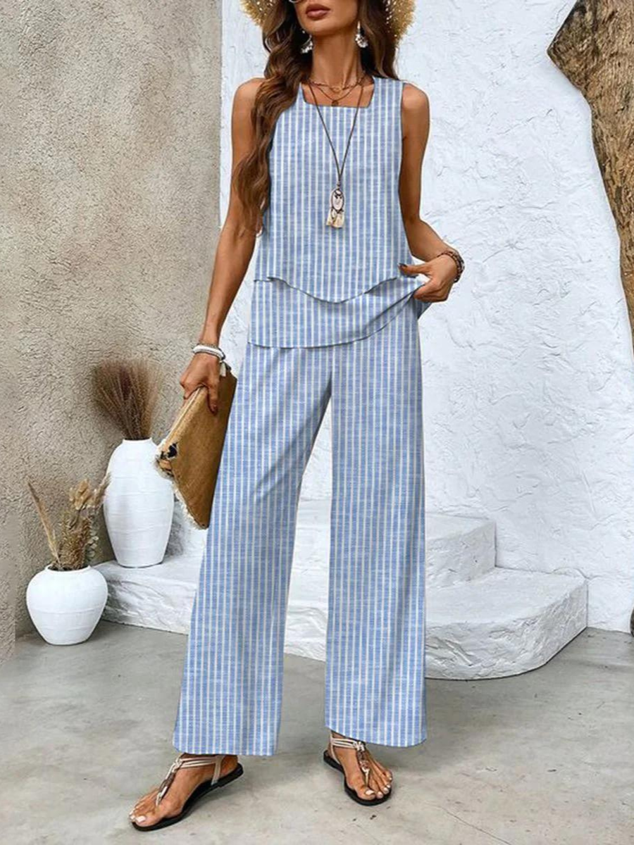 Ensemble deux pièces femme blouse sans manches et pantalon large