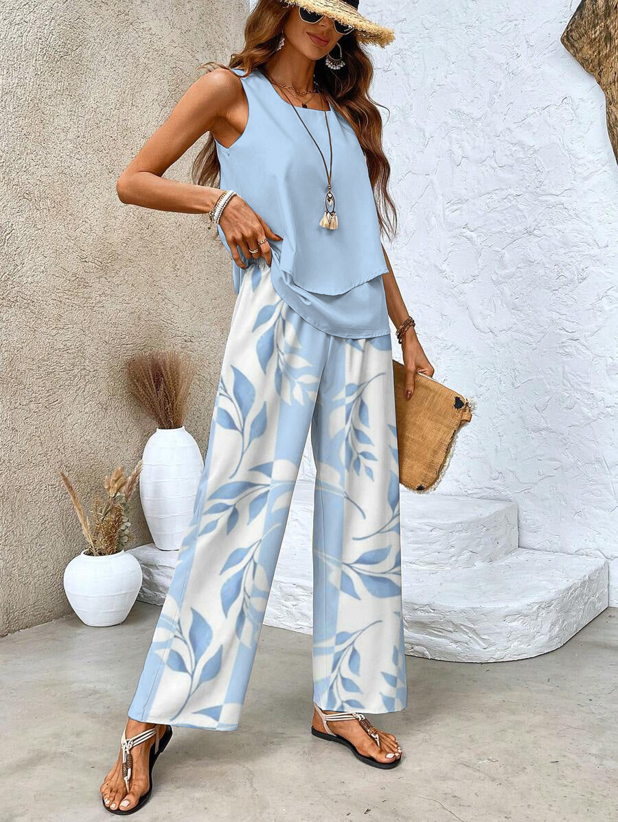 Ensemble deux pièces femme blouse sans manches et pantalon large