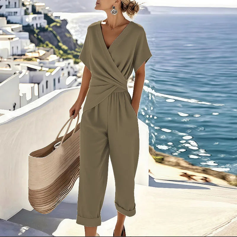 Ensemble deux pièces femme haut cache-cœur et pantalon taille cintrée