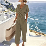 Ensemble deux pièces femme haut cache-cœur et pantalon taille cintrée