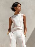 Ensemble deux pièces femme, pantalon large fluide et haut sans manches col rond