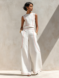 Ensemble deux pièces femme, pantalon large fluide et haut sans manches col rond