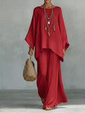 Ensemble en lin femme bohème fluide haut ample pantalon large - Rouge