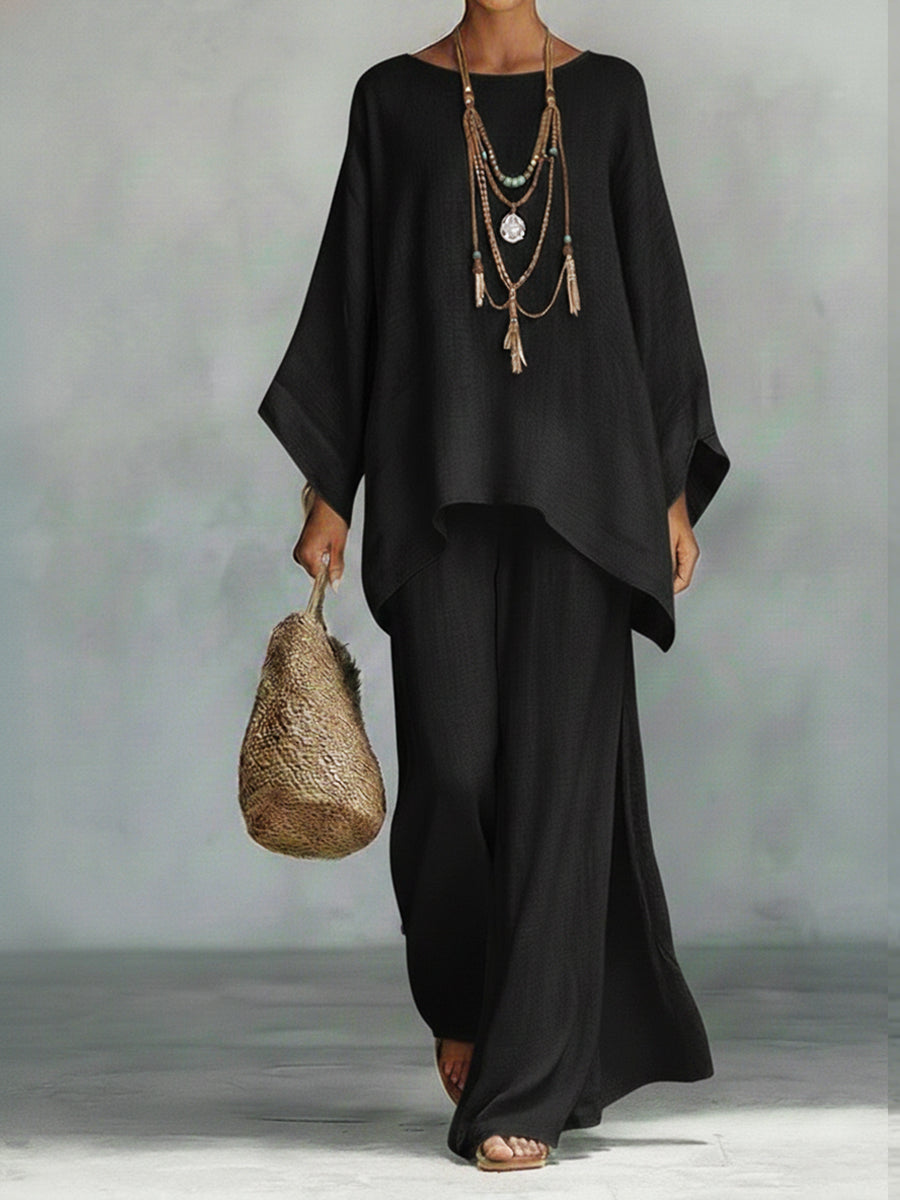 Ensemble en lin femme bohème fluide haut ample pantalon large - Noir