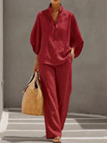 Ensemble femme coton-lin haut ample manches chauve-souris pantalon large