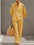 Ensemble femme coton-lin haut ample manches chauve-souris pantalon large