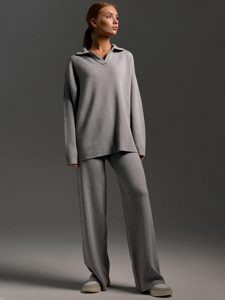 Ensemble Pantalon Large et Pull Polo Oversize Femme