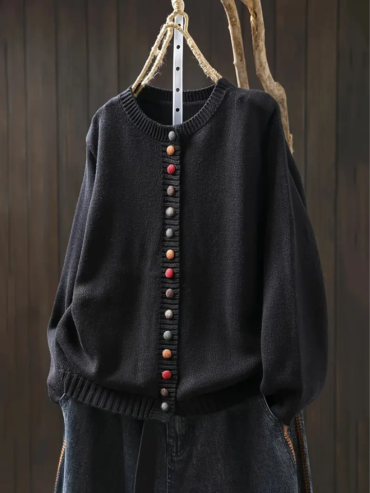 Gilet femme maille boutonné col rond manches longues - Noir