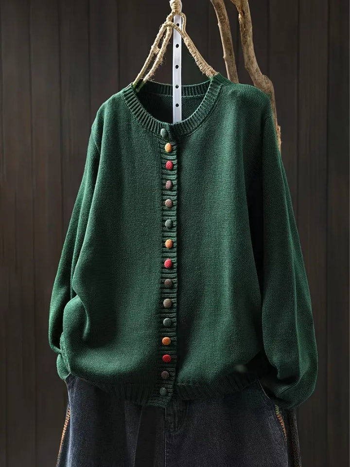 Gilet femme maille boutonné col rond manches longues - Vert
