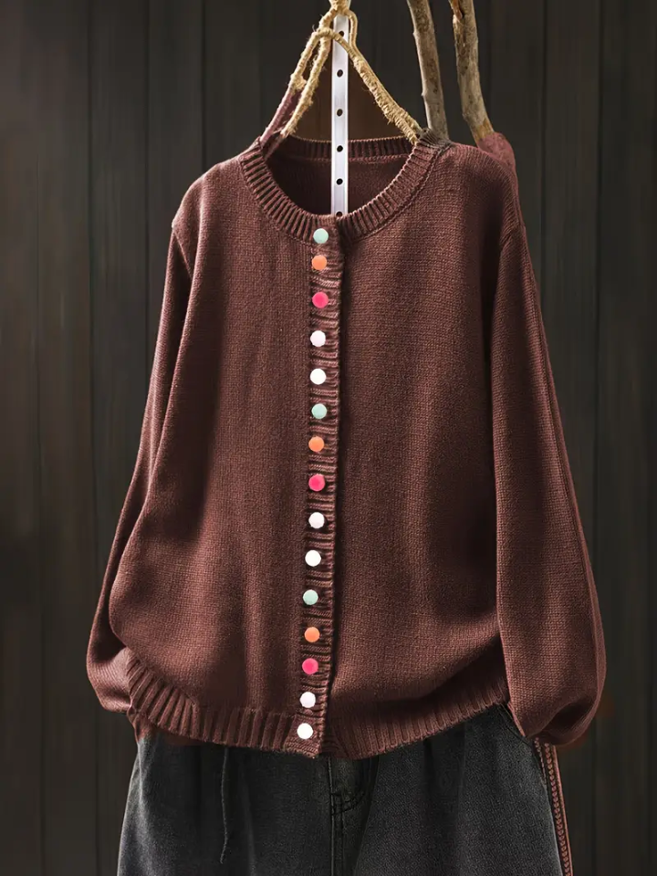 Gilet femme maille boutonné col rond manches longues - Marron Foncé