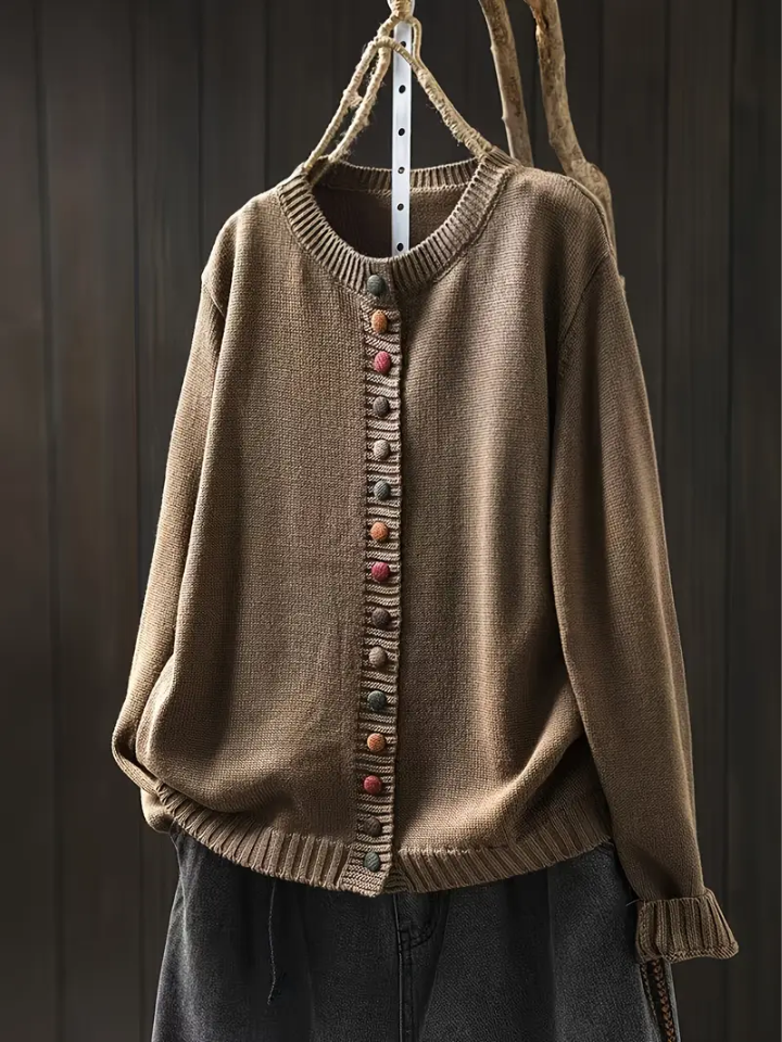 Gilet femme maille boutonné col rond manches longues - Marron