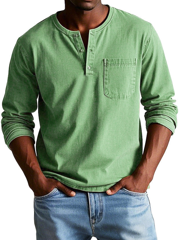 Henley homme vintage col boutonné coupe décontractée - Vert