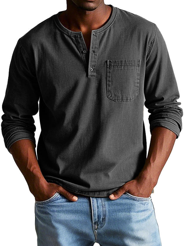 Henley homme vintage col boutonné coupe décontractée - Noir