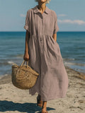 Robe Lin Coton Fluide Boutonnée Élégante Été Printemps