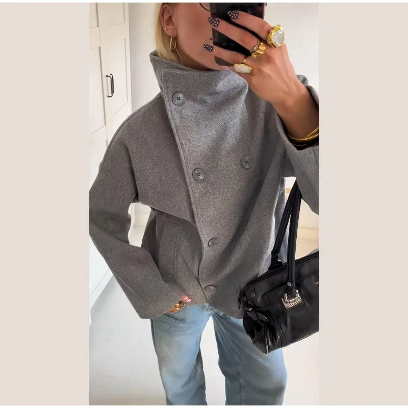 Manteau caban en laine femme col montant boutonné