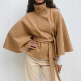 Manteau Cape Col Haut Femme Ceinturé Chaud Hiver