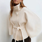 Manteau Cape Col Haut Femme Ceinturé Chaud Hiver