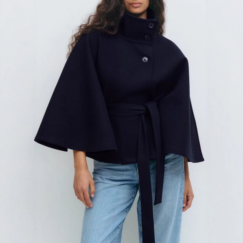 Manteau Cape Col Haut Femme Ceinturé Chaud Hiver