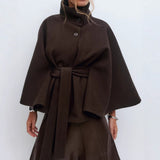 Manteau Cape Col Haut Femme Ceinturé Chaud Hiver