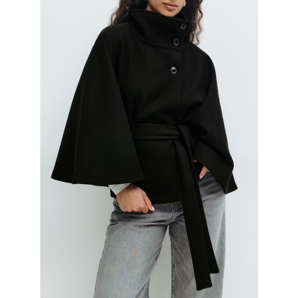 Manteau Cape Col Haut Femme Ceinturé Chaud Hiver