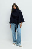 Manteau Cape Femme Col Haut Ceinture à Nœud