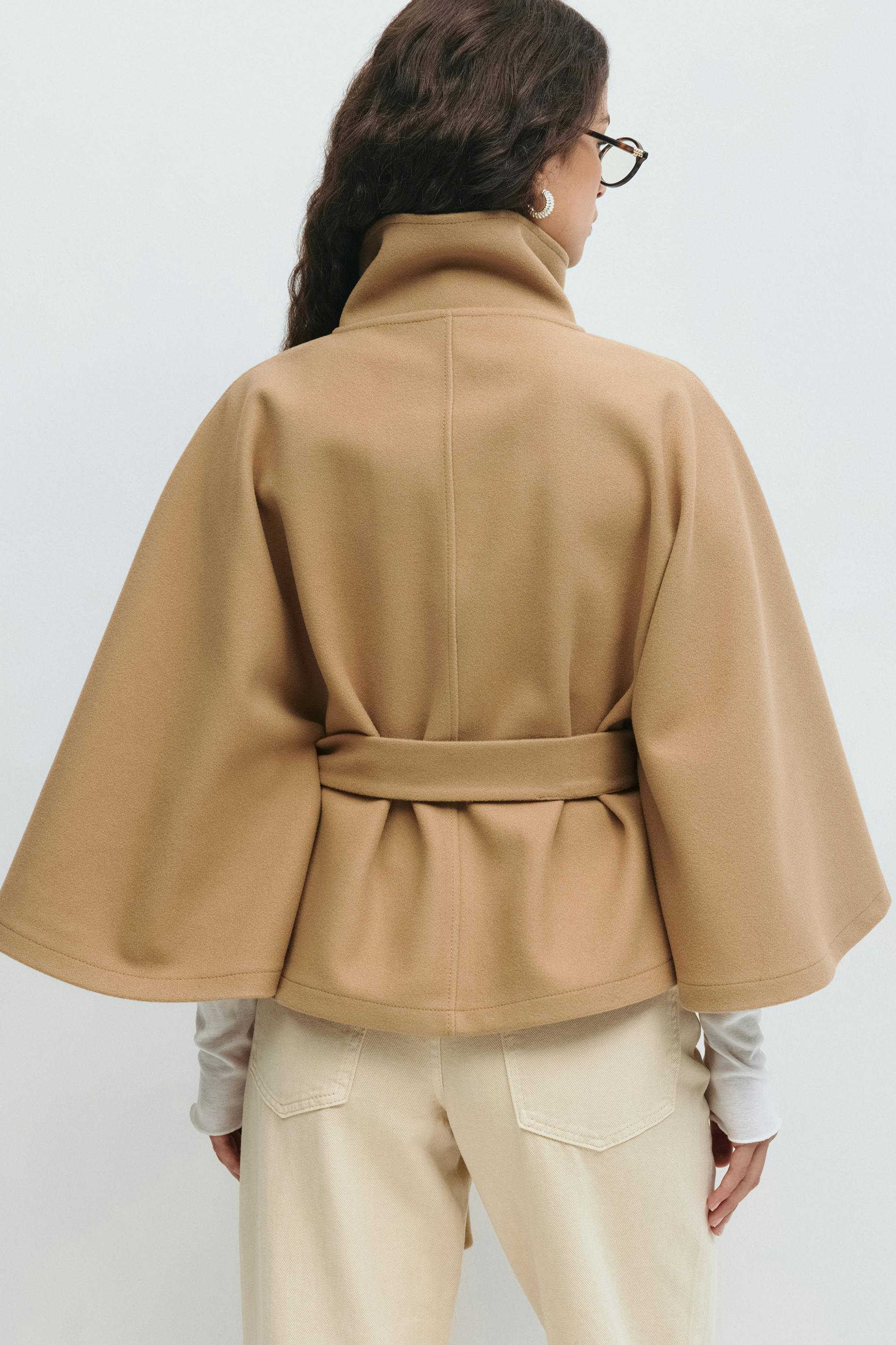 Manteau Cape Femme Col Haut Ceinture à Nœud
