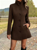 Manteau col montant femme en laine, coupe ajustée - Marron