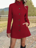 Manteau col montant femme en laine, coupe ajustée - Rouge