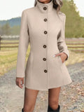 Manteau col montant femme en laine, coupe ajustée - Beige