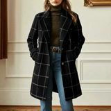 Manteau en laine à carreaux femme col revers - Noir