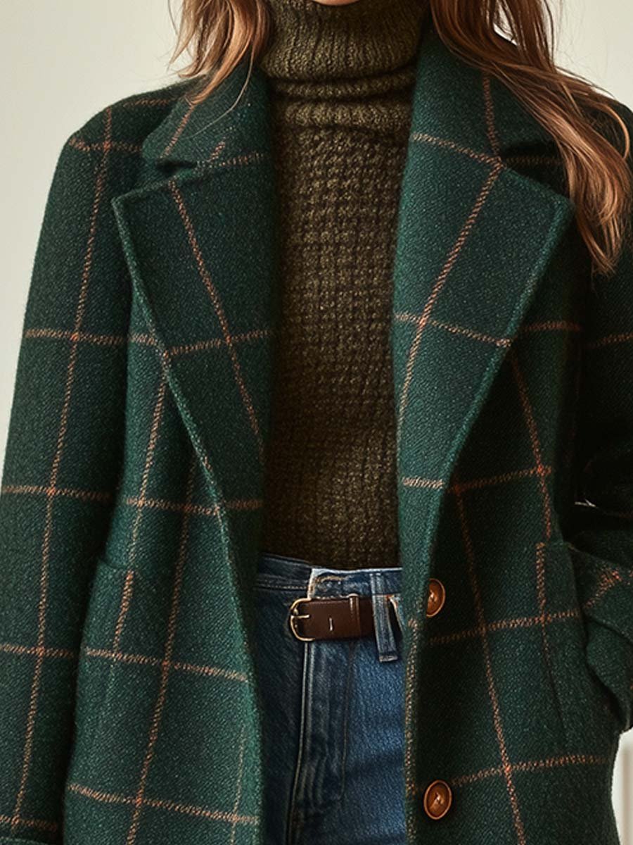 Manteau en laine à carreaux femme col revers