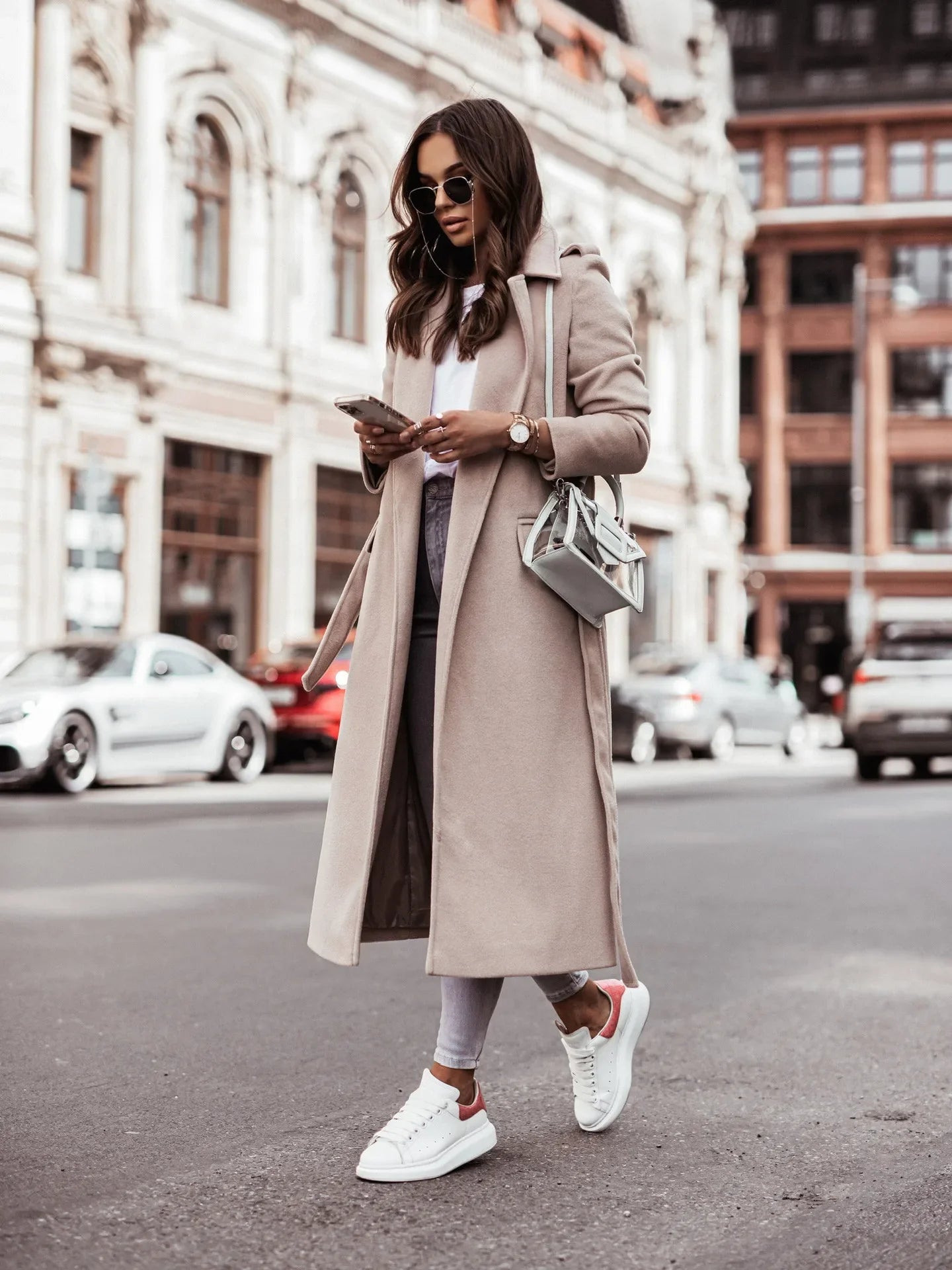 Manteau en laine femme ceinture nouée col cranté - Beige
