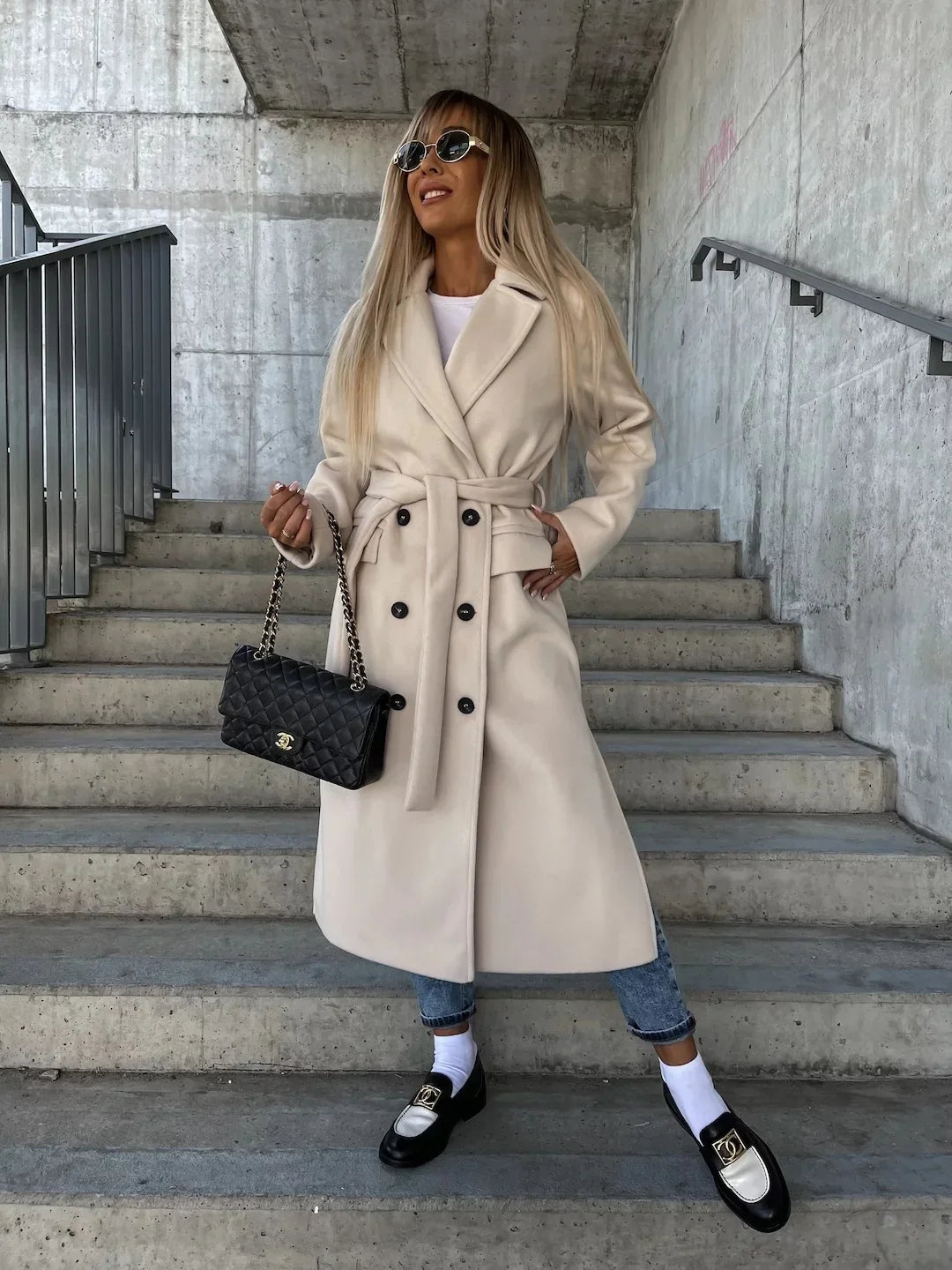 Manteau en laine femme col revers fendu - Abricot