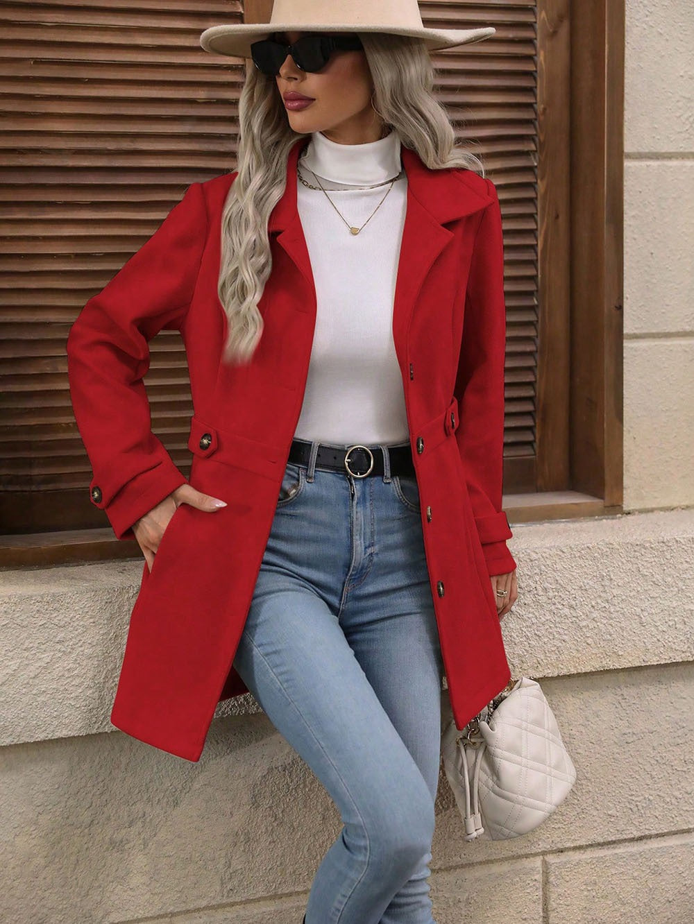 Manteau en laine femme mi-long à col revers