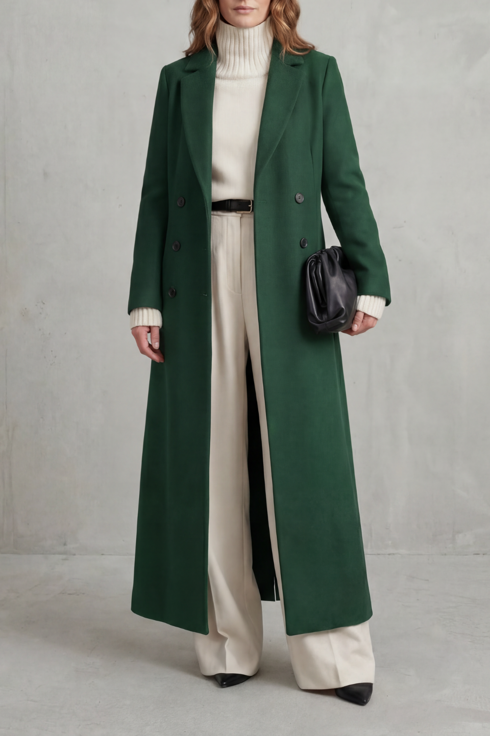 Manteau Long en Laine Femme Coupe Ajustée Chaud - Vert